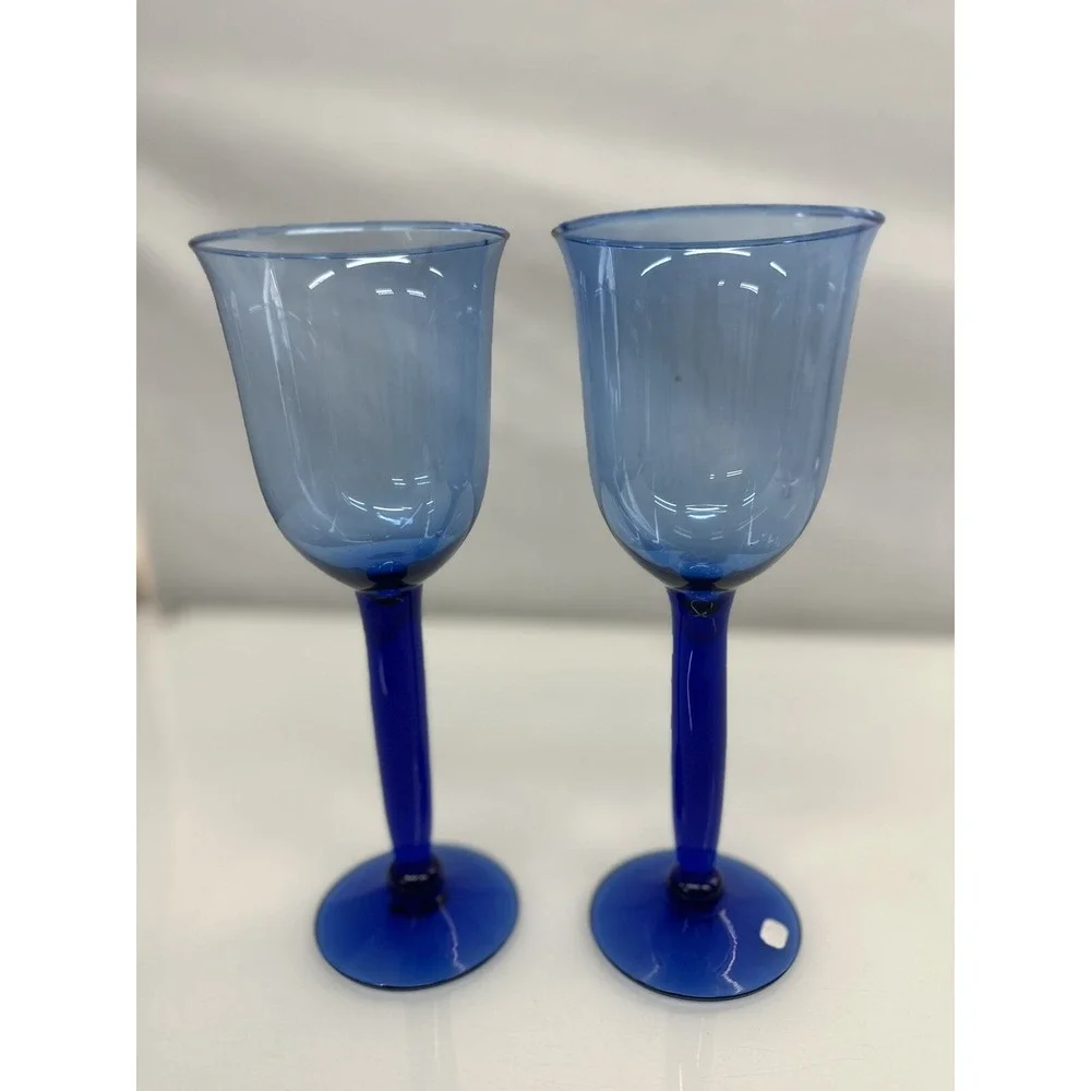 Set of 2 HAND Blown Cobalt Blue Stemmed Wine Water Glass / Goblets - 8 7/8